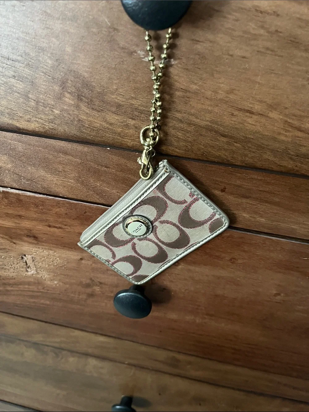 Coach Pink Signature Card Holder with Gold Chain Clip